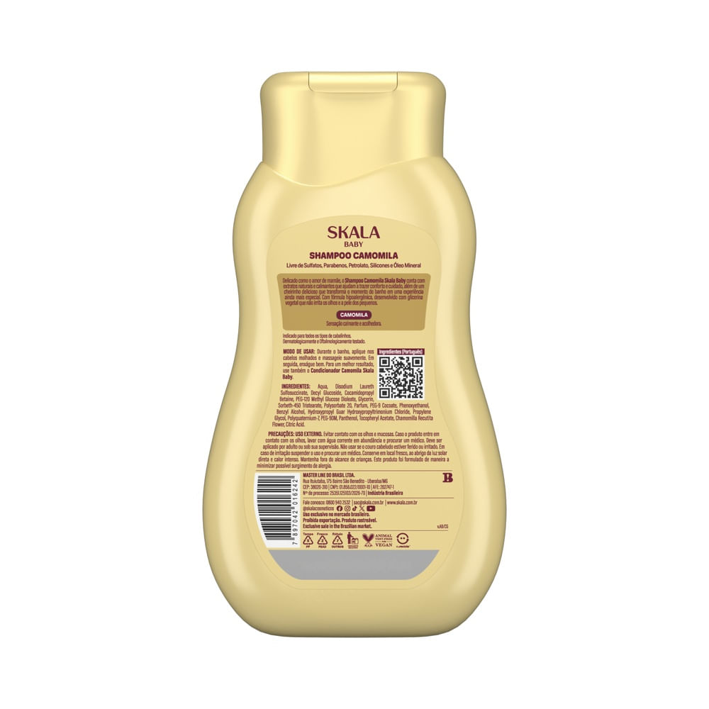 Frasco de shampoo infantil Skala Baby Camomila 200ml em fundo branco
